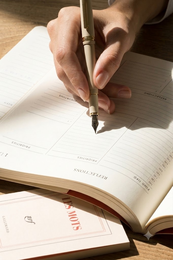Hand writing in an open PaprLab planner with a fountain pen