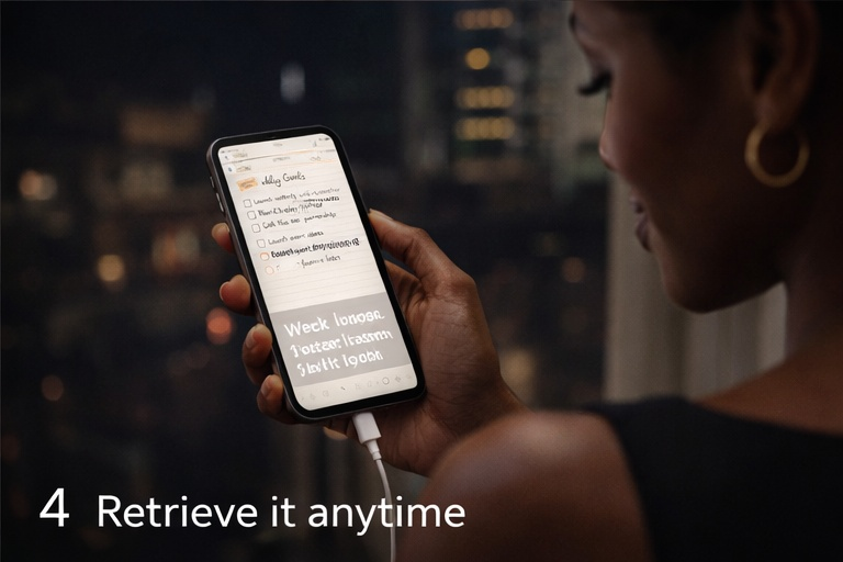 Woman revisiting her notes on her phone at night