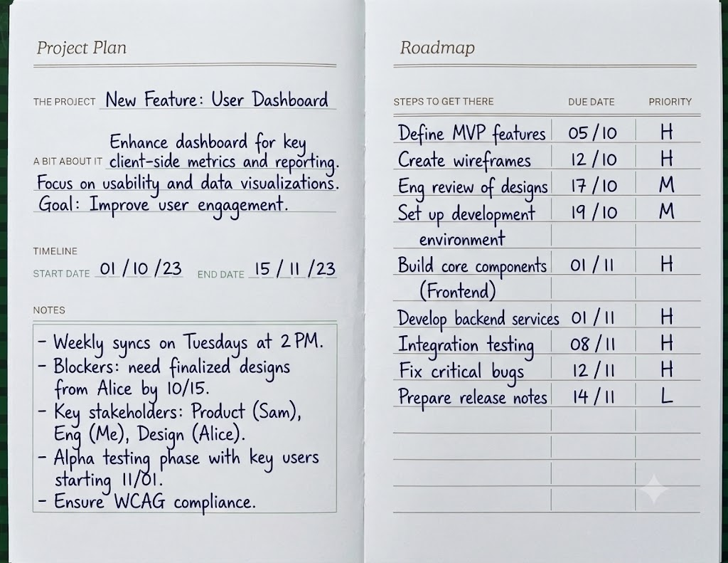 Planner spread with a handwritten project plan and roadmap