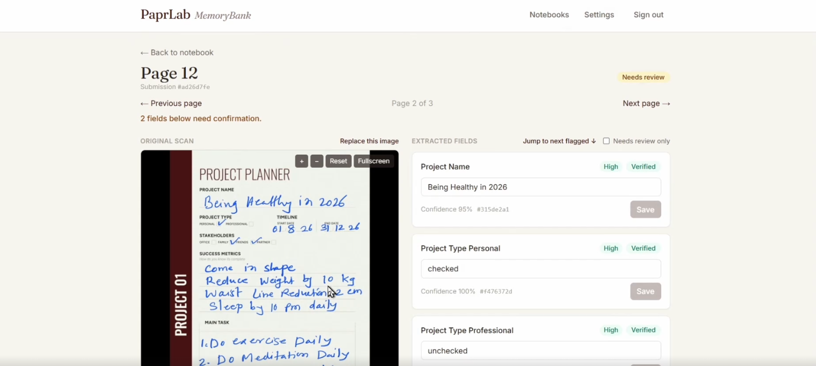 MemoryBank app showing a scanned planner page